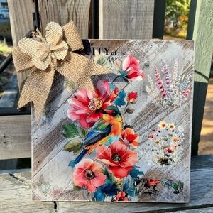 Colorful Floral and Bird Wall Art with Burlap Bow